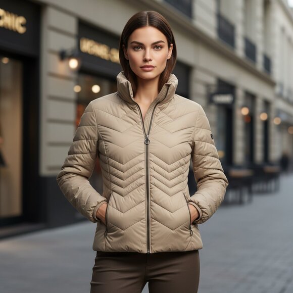 MICHAEL Michael Kors Beige Satin Specks Chevron Puffer Women's Jacket Small - Picture 1 of 6